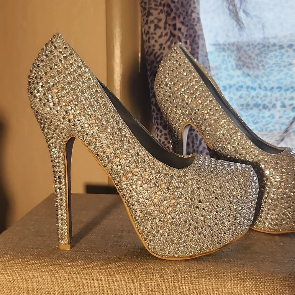 Bling Silver High Heel Platform Pump 8 5